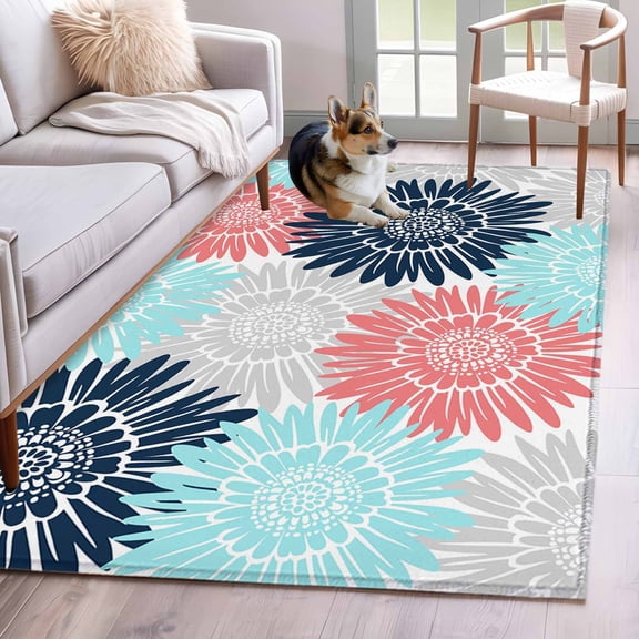 Pink Blue Grey Sunflowers Area Rugs 2.7'x5', Washable Small Throw Rugs for Kitchen Bedroom, Boho Retro Floral Rustic Blossom Indoor Outdoor Rug Non-Slip Low Pile Carpet Runner Reversible Floor Mats