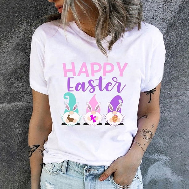 Pntutb, camisetas de cuello redondo para mujer, camisetas con estampado de conejo de Pascua, camisetas de manga corta, blusa, tops Pntutb Pntutb-4687