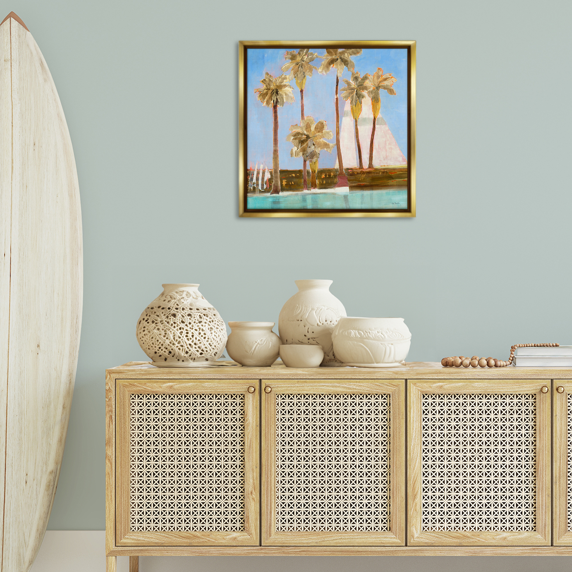 Stupell Industries Rustic Tropical Scene Coastal Painting Gold Floater Framed Canvas Art Print Wall Art, 25 x 25