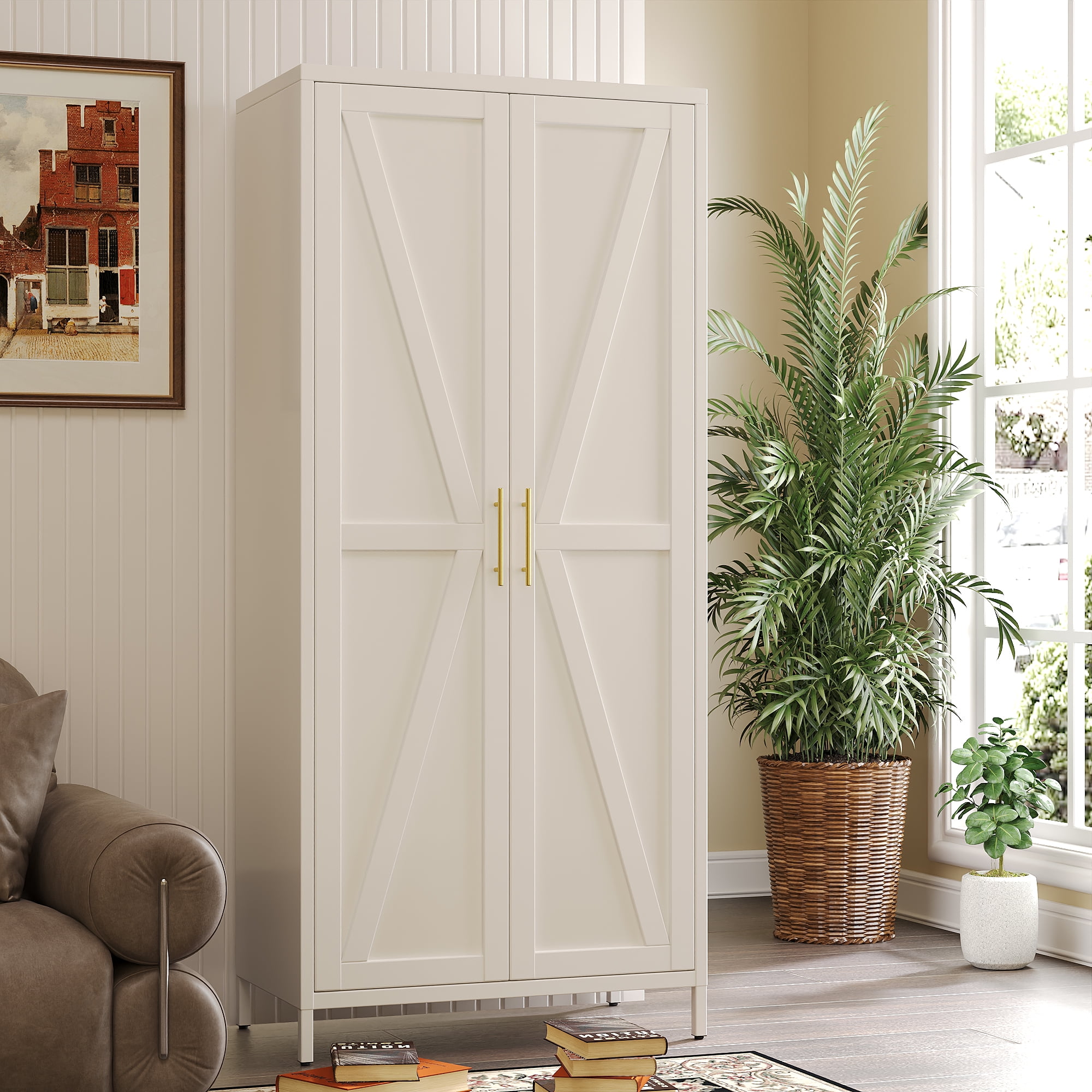 GangMei Metal Storage Cabinet Locker with Hanger Rod and Adjustable Shelves, Large Steel Cabinet for Living Room,Office,School,Gym,Garage,(White)