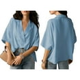 thumbnail image 3 of Women Dressy Casual Blouse Business Short Sleeve Collared Tops Placket V Neck Work Shirt Sky blue L, 3 of 8