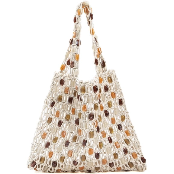 Women’s Crochet Beaded Shoulder Bag Lightweight Summer Tote Handbag