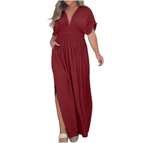 cfhntfmh Plus Size Dresses for Curvy Women Casual V Neck Wedding Guest Dresses Short Sleeve Elastic Waist Maxi Dress