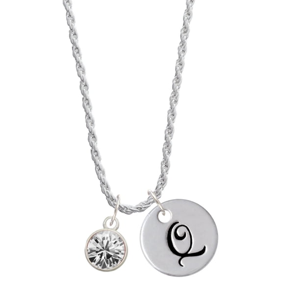 Delight Jewelry 10mm Clear Crystal Drop Silvertone Script Initial Disc - Q - Charm Necklace, 20"+3"