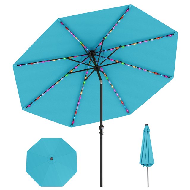 Gymax 10 FT Solar Patio Umbrella w/96 Multi-colored LED Lights & 9 Modes Vented Top Turquoise
