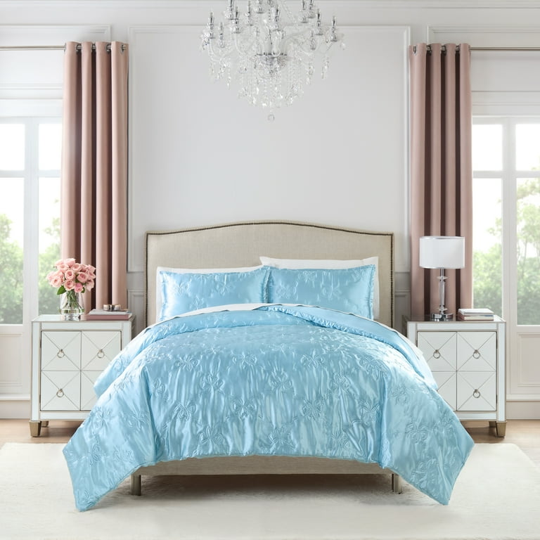 Paris Hilton 3-Piece Cordelia Satin Blue Comforter Set, Full/Queen
