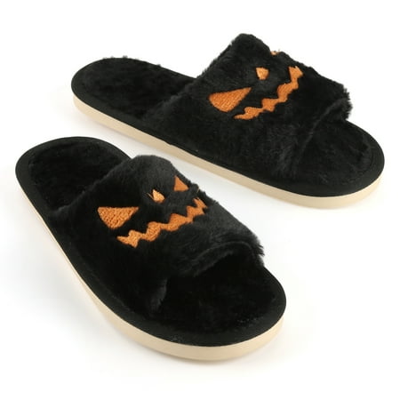 

JeashCHAT Halloween Pumpkin Lantern Fuzzy Slippers Soft Plush Cozy Open Toe Slides Indoor Outdoor Slippers Memory Foam House Bedroom Slippers