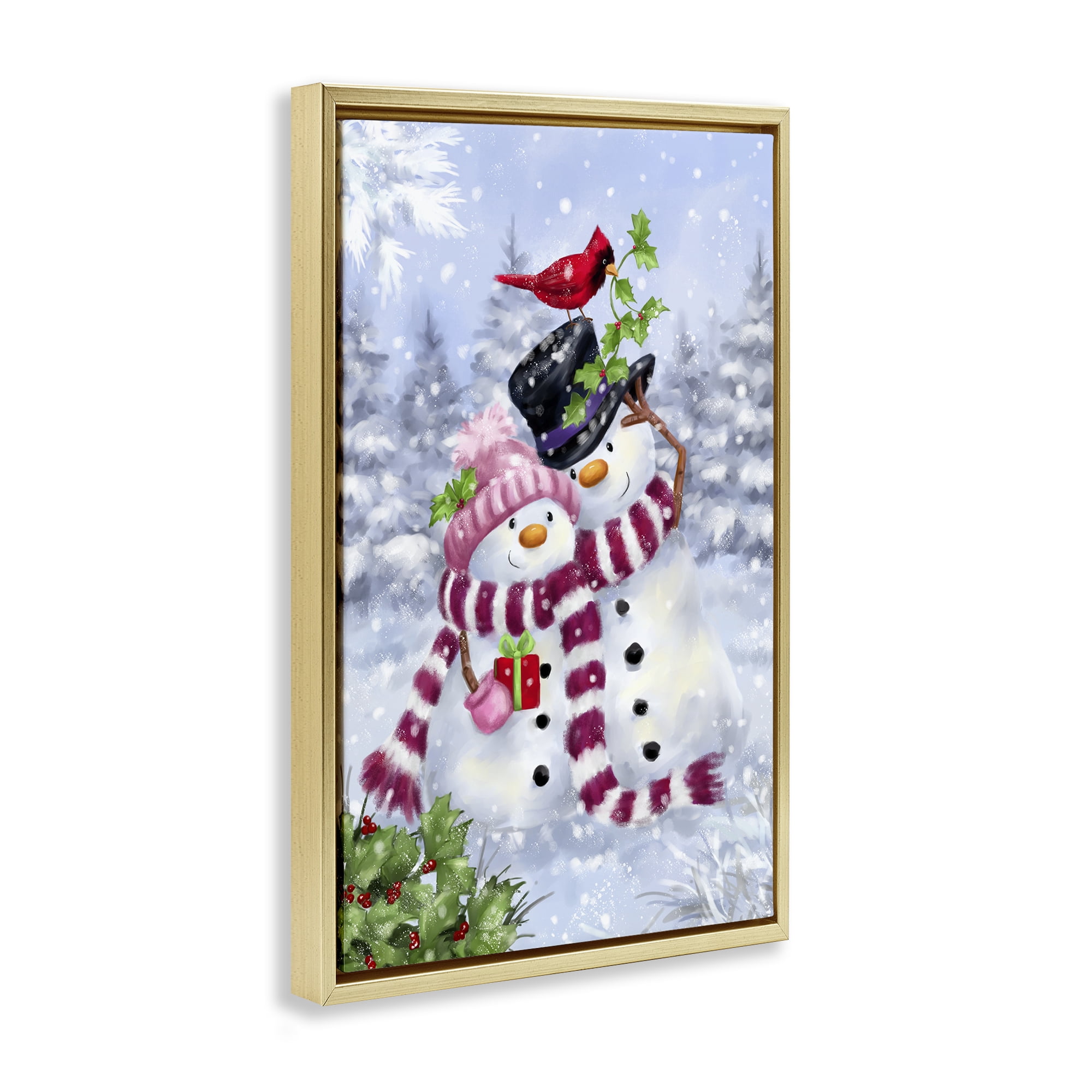 Stupell Industries Happy Snowman & Cardinal Holiday Painting Gold Floater Framed Canvas Art Prints Wall Art, 17 x 25