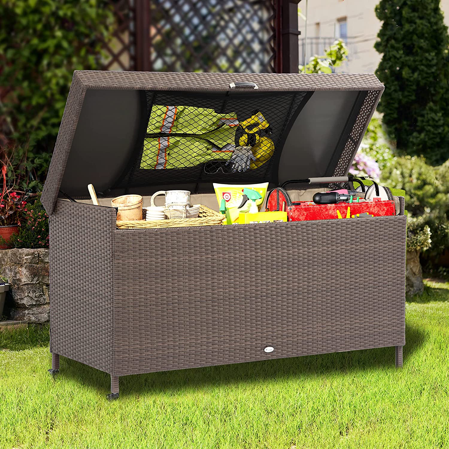 DWVO 200 Gallon Outdoor Wicker Storage Box, Large Rattan Deck Box, Waterproof Storage Box with
