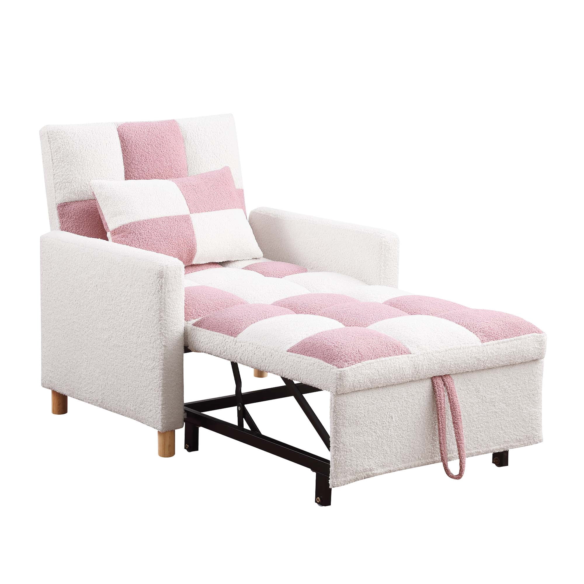 Aukfa Convertible Sleeper Chair Bed, Patchwork Pull Out Sofa Chair with Adjustable Backrest, Teddy - White/Pink