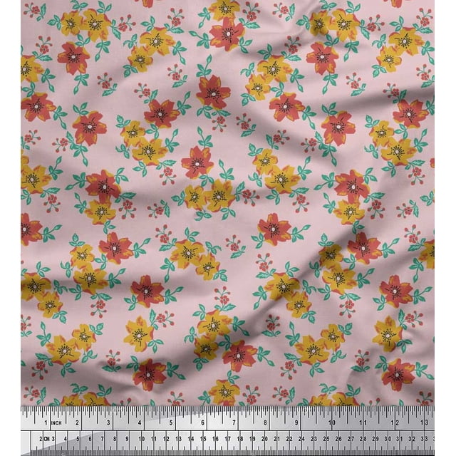 Soimoi Polyester Crepe Fabric Leaves & Floral Artistic Decor Fabric Printed Yard 52 Inch Wide