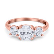 Rose Tone, Simulated Cubic Zirconia Size-10 Cushion Cut Round Three Stone Art Deco Engagement Ring 925 Sterling Silver