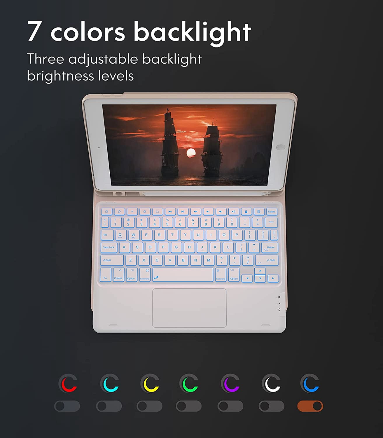 CHESONA Keyboard Case Compatible with iPad 10.2" 9th 8th 7th Generation, 7-Color Backlit, Smart Touchpad, 2 Bluetooth Channels, Rose Gold