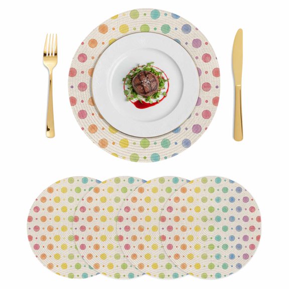 Colorful Polka Dot Round 13 Inch Placemats Set of 4, Cartoon Watercolor Geometric Beige HeatResistant Non Slip Place Mats for Dining Table, Wipeable Braided Kitchen Table Mats for Housewarming