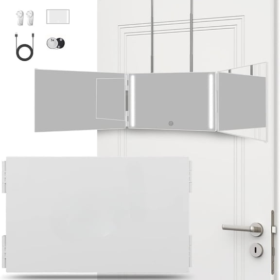 Rechargeable 3-Way LED Makeup Mirror - Trifold, Height Adjustable & Wall Mountable in White