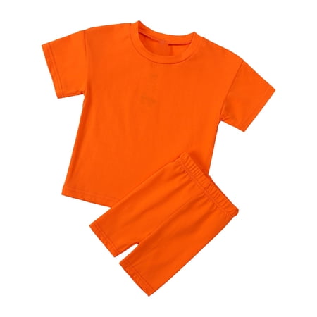 Ruyang Kids Girls Cotton 2 Piece Set Short Sleeve T-Shirts and Elastic Waist Shorts Solid Athletic Outfits Cute Loungewear Set