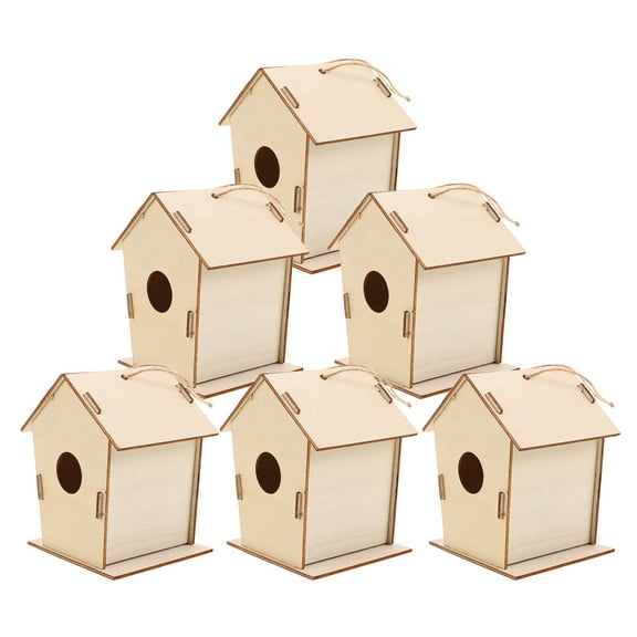 OUNONA 6Pcs Wooden Birdhouse Kit Beige Wood Outdoor Hanging Craft Set Creative Graffiti Design for Garden Decor
