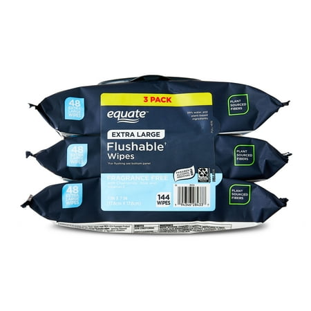 Equate Extra Large Hypoallergenic Flushable Wet Wipes, Fragrance Free, 144 Wipes, 3 Pack
