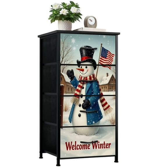Dresser for Bedroom with 4 Storage Drawers Winter Garden Patriotic America Flag Christmas Rustic Farmland Outdoor Dressers Chest of Drawers Steel Framed Fabric Closet Organizers for Entryway