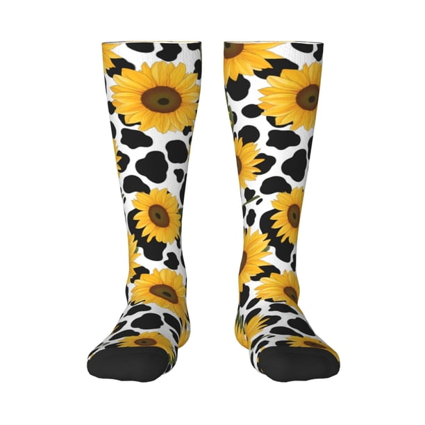 Fotbe Cow Print Sunflower Calcetas Divertidas Estampadas para Hombre y Mujer, Calcetas de Algodón hasta la Rodilla para Caminar, Correr, Enfermería y Embarazo