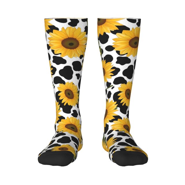 Fotbe Cow Print Sunflower Calcetas Divertidas Estampadas para Hombre y Mujer, Calcetas de Algodón hasta la Rodilla para Caminar, Correr, Enfermería y Embarazo