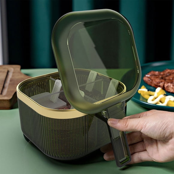 Caja para especias de 4 compartimentos con tapas y cucharas | Recipiente desmontable para almacenar especias | Organizador de cocina para especias, polvos y dulces pequeños