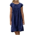 thumbnail image 3 of Milgrthf Robe en Lin pour Fille Robes d'Été Vintage Col Rond Manches Courtes Robes Froncées T-Shirts Robe Tenue Décontractée de Vacances Marine 13 Ans, 3 of 7
