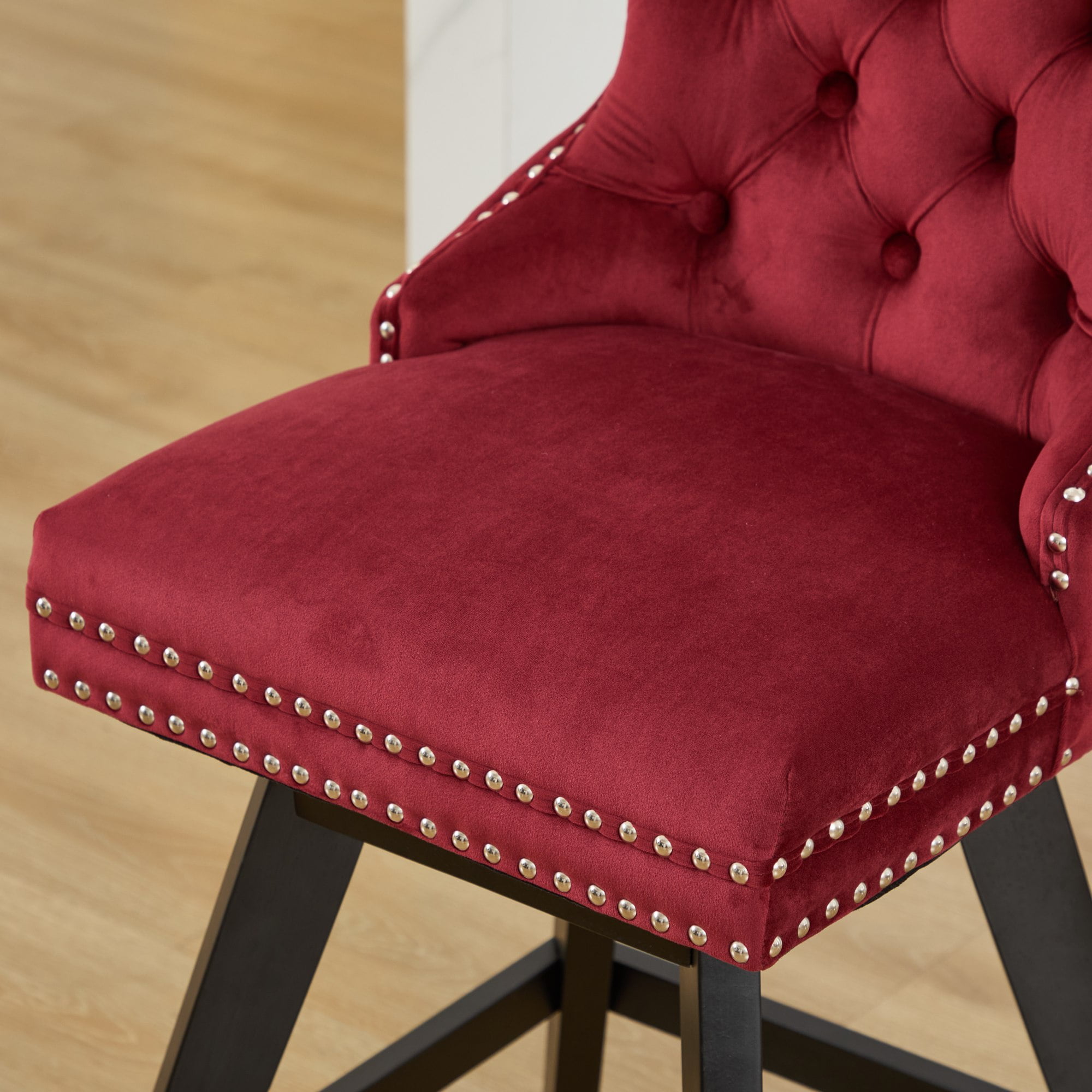 Swivel Bar Stools Set of 2, Velvet Counter Height Bar Stools with Back, Swivel Dining Chair with Button Tufted and Wooden Legs, Kitchen Chair Counter Stools for Kitchen Island Kitchen Counter, Red