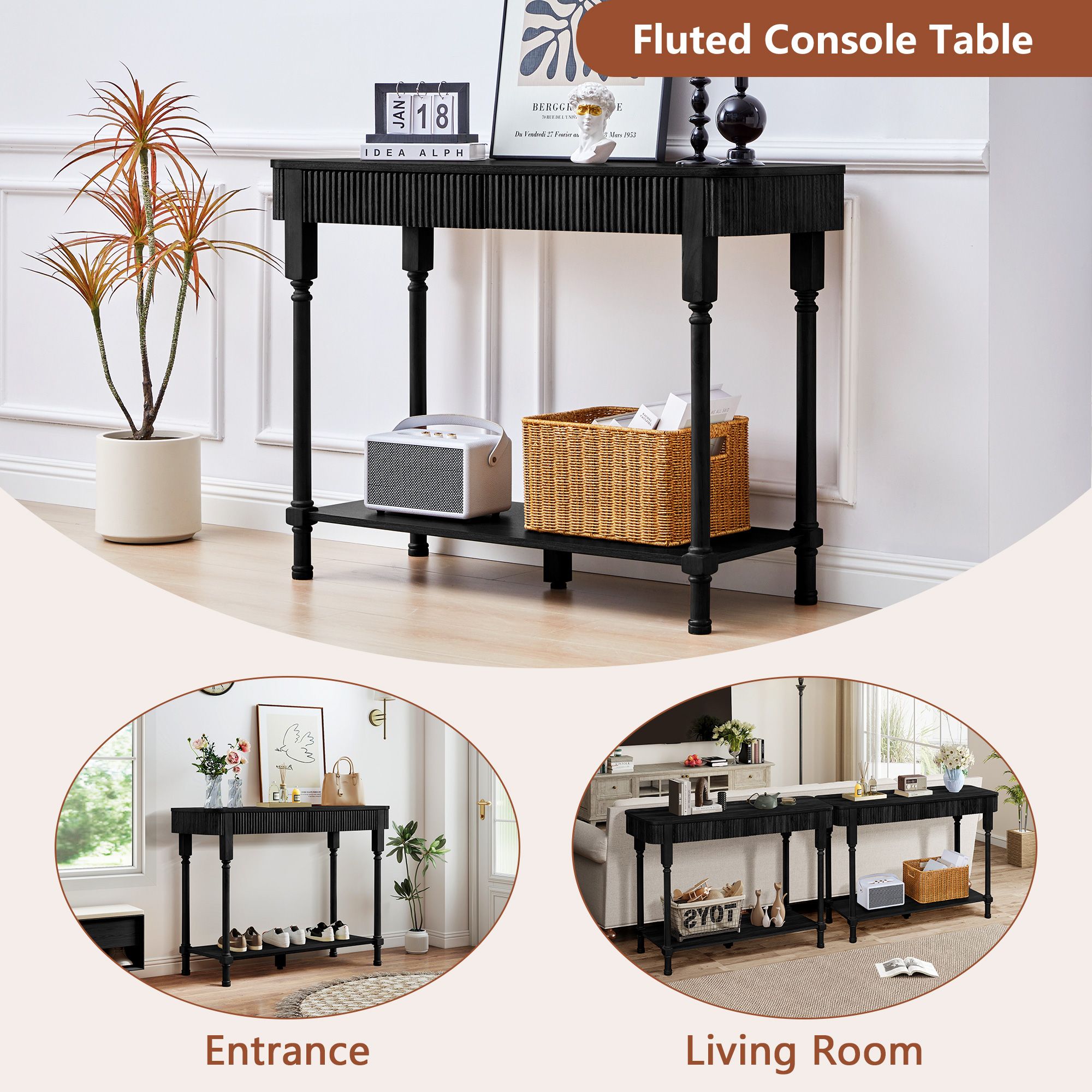 YOCWO Roman Column Console Table, Fluted Sofa Table with 2 Drawer and Open Shelf for Storage, Mid Century Modern Entryway Table for Living Room Hallway, Black