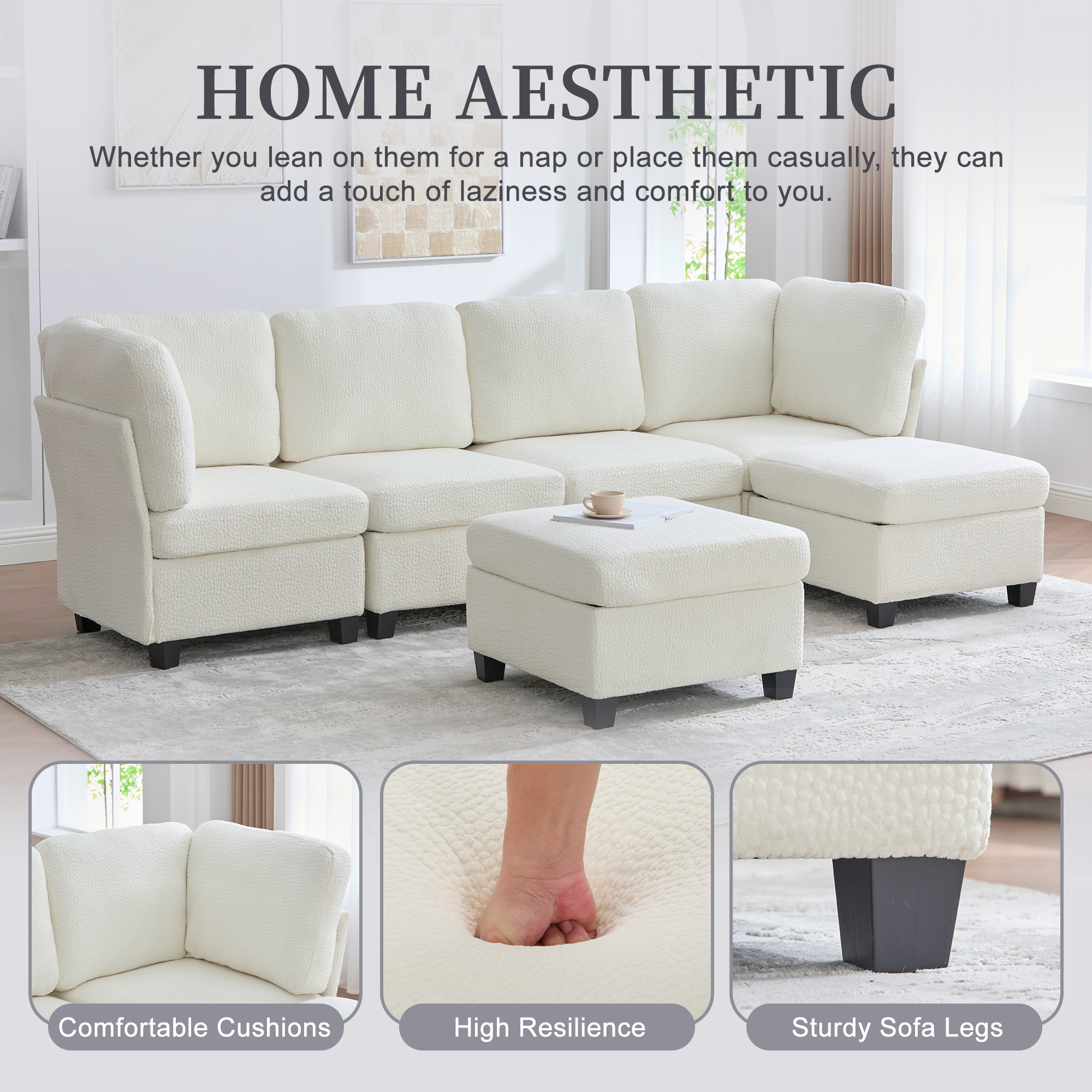 MOONMISS 6-Seat Polyester Upholstered U-Shaped Modular Storage Sleeper Sectional Sofa with Storage Ottoman-Beige