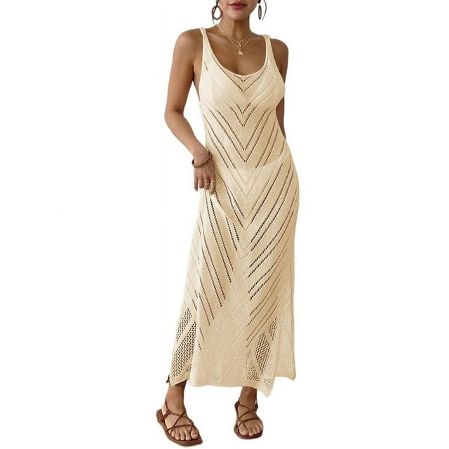 Cache-maillots au Crochet pour Femmes Sans Manches Robes de Plage Fente Latérale Maxi Tenue de Plage Abricot Taille Unique