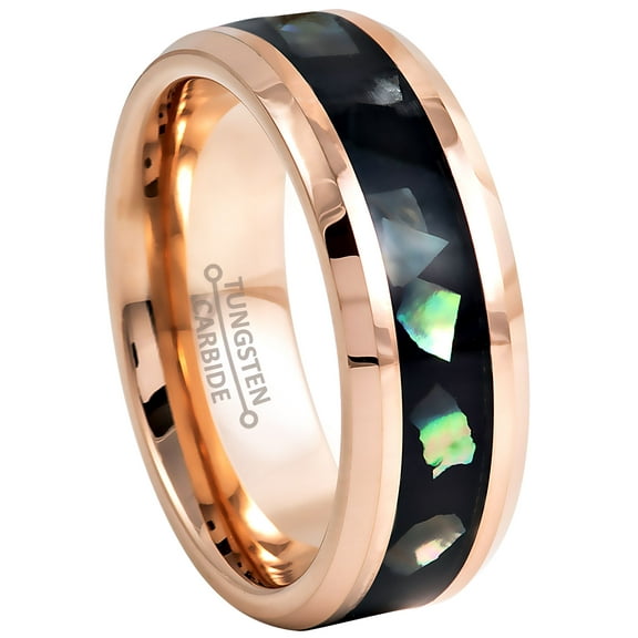8mm Mens Rose Gold Tungsten Wedding Band, Abalone Shell Inlay, Beveled Edge Ring - TN923WAs10