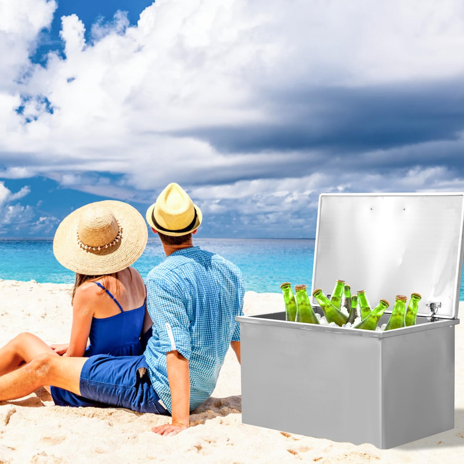 Drop in Ice Chest,304 Stainless Steel Drop in Cooler with Hinged Cover,Largh Capacity Outdoor Kitchen Ice Bar with Drain-pipe and Drain Plug Drop in for Cold Wine Beer