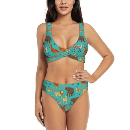 Zeuib Cute Animals High Waisted Tummy Control Bikini Set - Knot Front Push Up Top & Cheeky Thong Bottom  Two-Piece Swimsuit for Women-Large