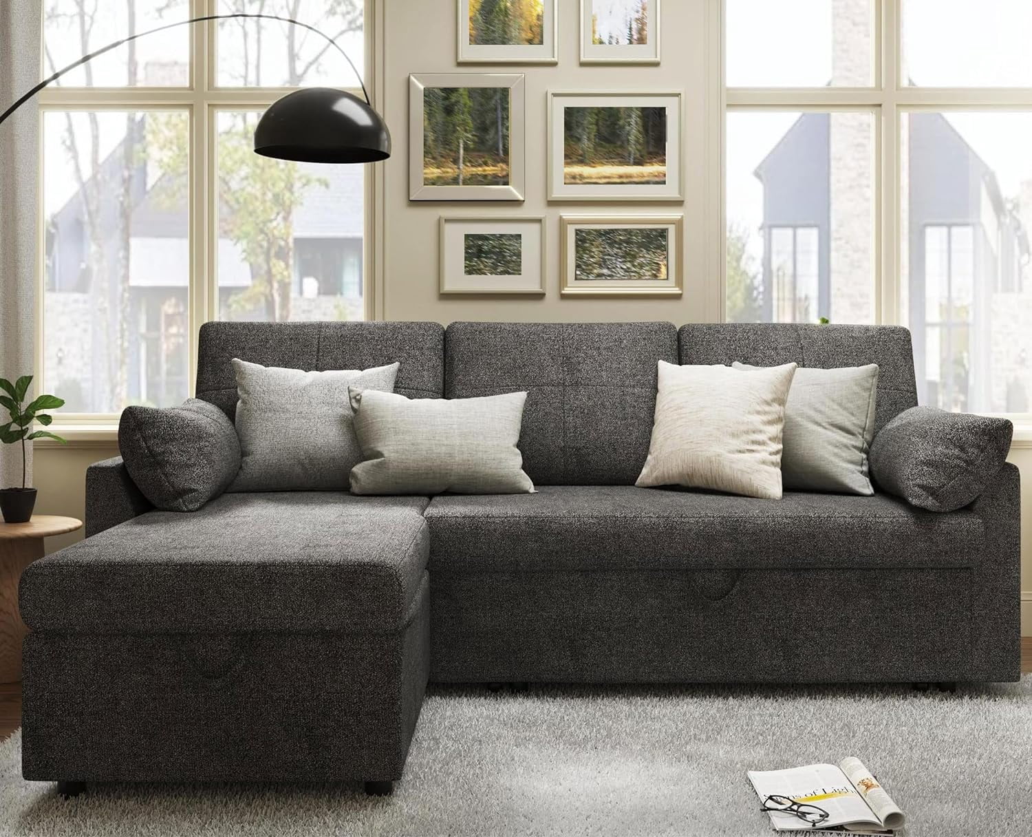 VANACC Sleeper Sofa Bed 2 in 1 Pull Out with Storage Chaise for Living Room, , Grey Chenille Couch