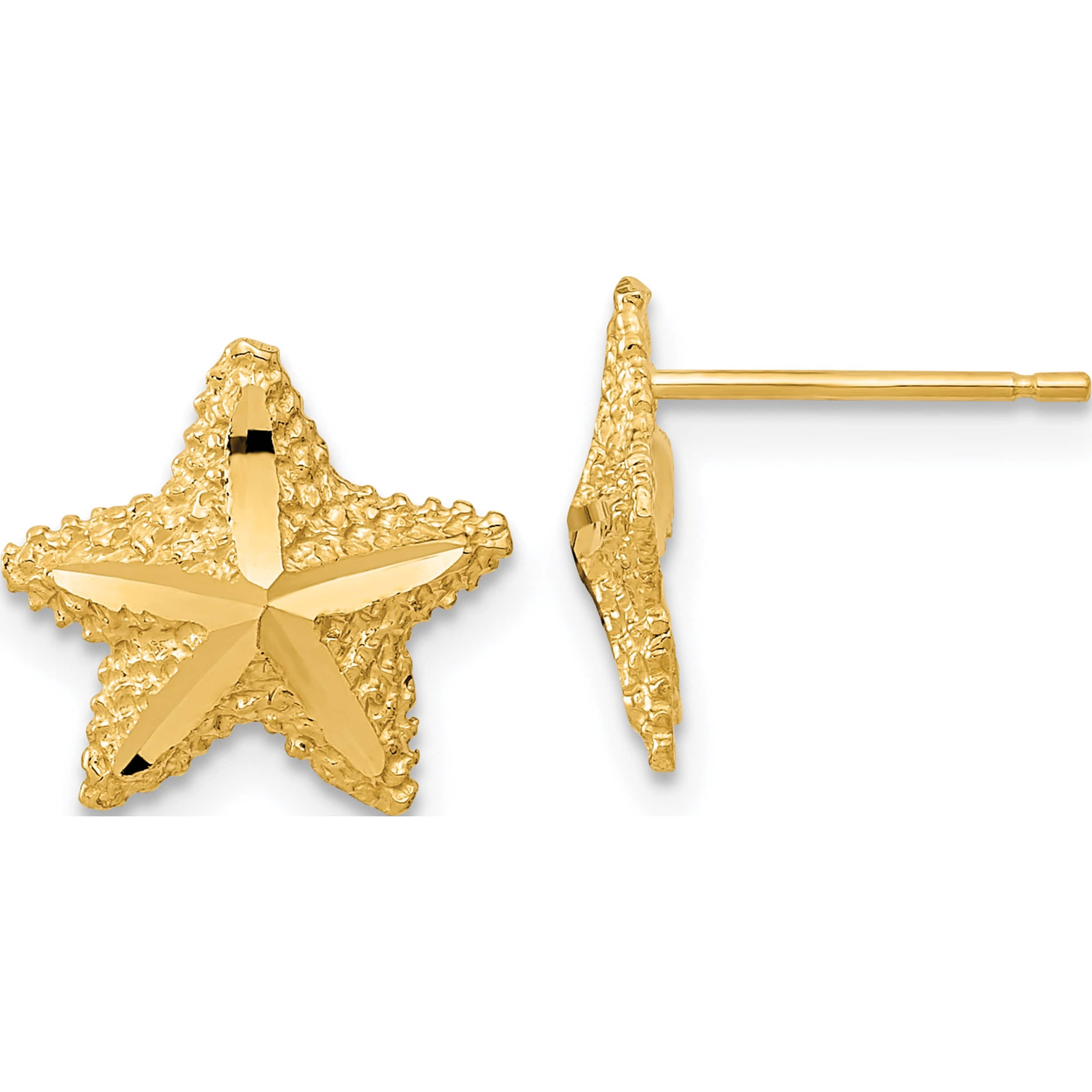 14K Real Yellow Gold Star Fish Post Stud Earrings 