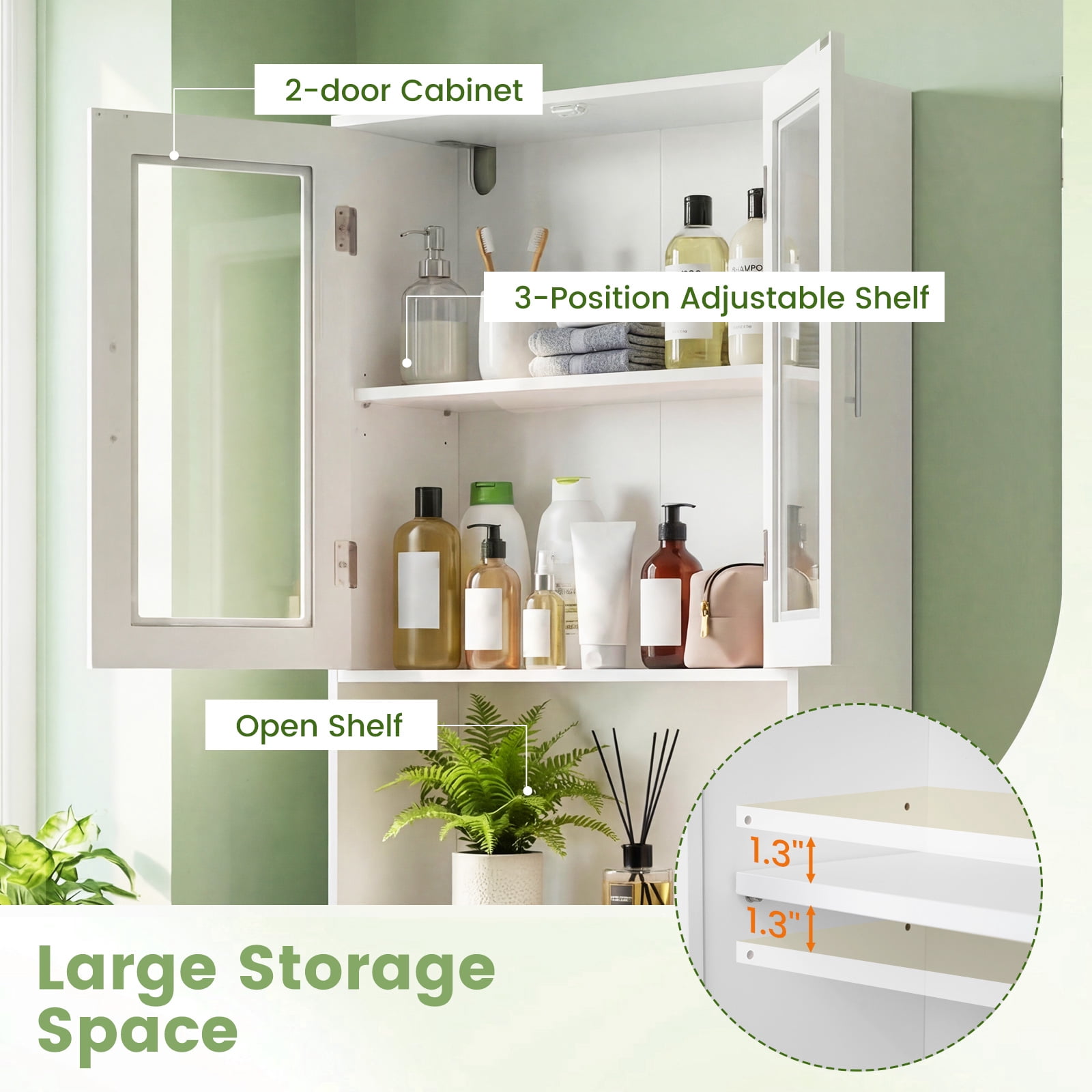 Giantex Wooden Over The Toilet Storage Cabinet, Home Bathroom Space Saver, Double Doors, Adjustable Shelf Organizer, Open Storage Shelf, Freestanding Toilet Storage Rack Unit