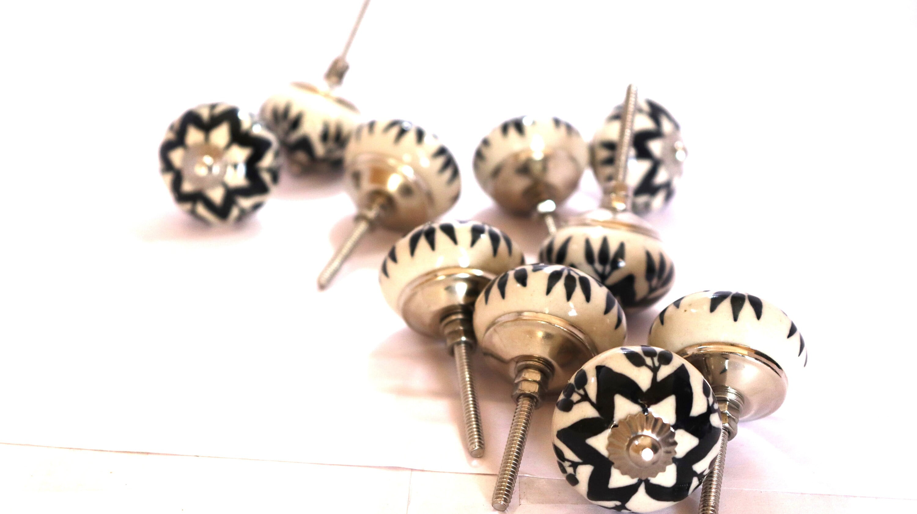 10 PC of Cabinet Ceramic Knobs | Classic Black Designs| Drawer Closet Dresser Wardrobe Furniture Door| Nuts & Bolts Included