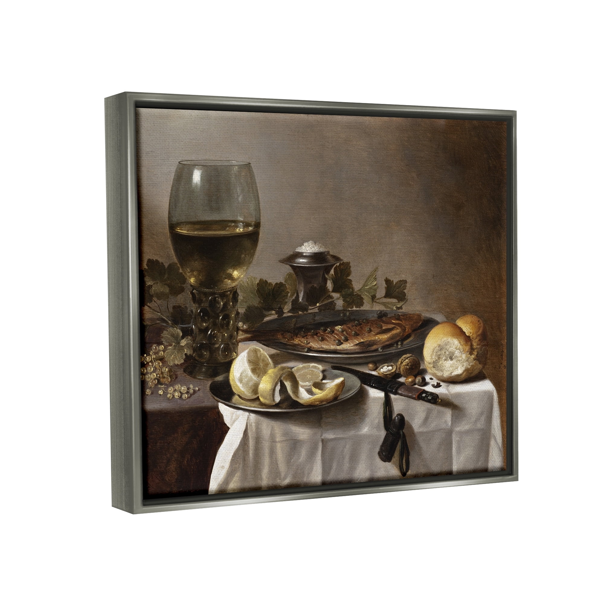 Stupell Industries Still Life with Herring Wine and Bread Pieter Claesz Painting Painting Luster Gray Floating Framed Canvas Print Wall Art, Design by one1000paintings