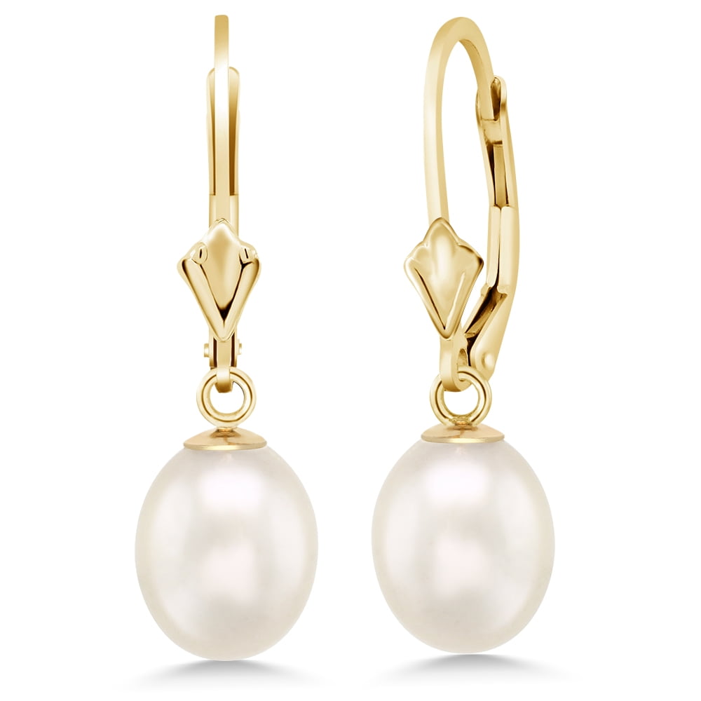 Gem Stone King Gorgeous 14KT Gold 9mm Cultured Freshwater Pearl Dangle Women's Earrings