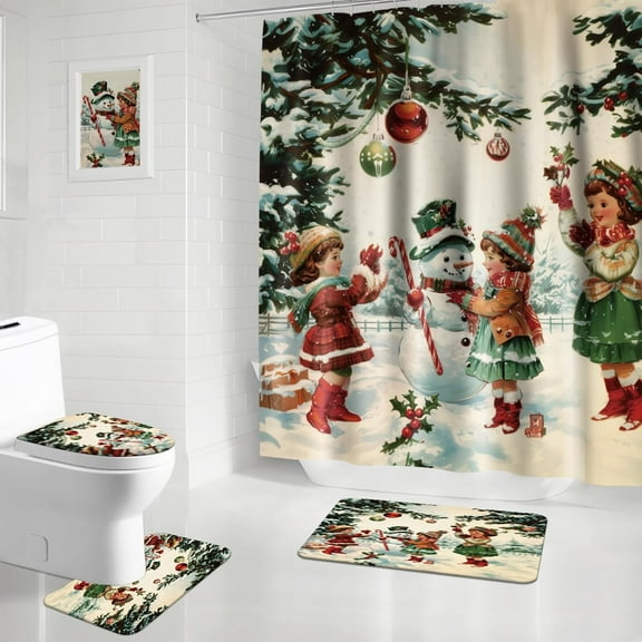 Christmas Vintage Shower Curtain Sets for Bathroom Decor, Retro Girl Non Slip Absorbent Rug, U Shaped Bath Mat, Toilet Lid Cover, Winter Rustic Holiday Snowman Bathroom Accessories with Hook