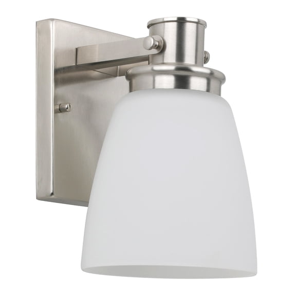 Marcell 1-Light Satin Nickel Wall Sconce with Frosted Glass Shade, 6.0 in L x 7.4 in W x 8.9 in H