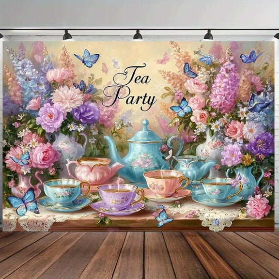Tea Party Backdrop Oil Painting Teapots Tea Cups Let's Partea Background Spring Flower Blue Butterfly Princess Wonderland Afternoon Tea Party Decorations Banner Supplies Photo Booth Props
