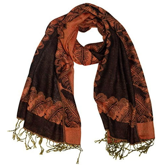 Peach Couture Women's Ravishing Reversible Jacquard Paisley Shawl Wrap Pashmina (Black/ Orange)