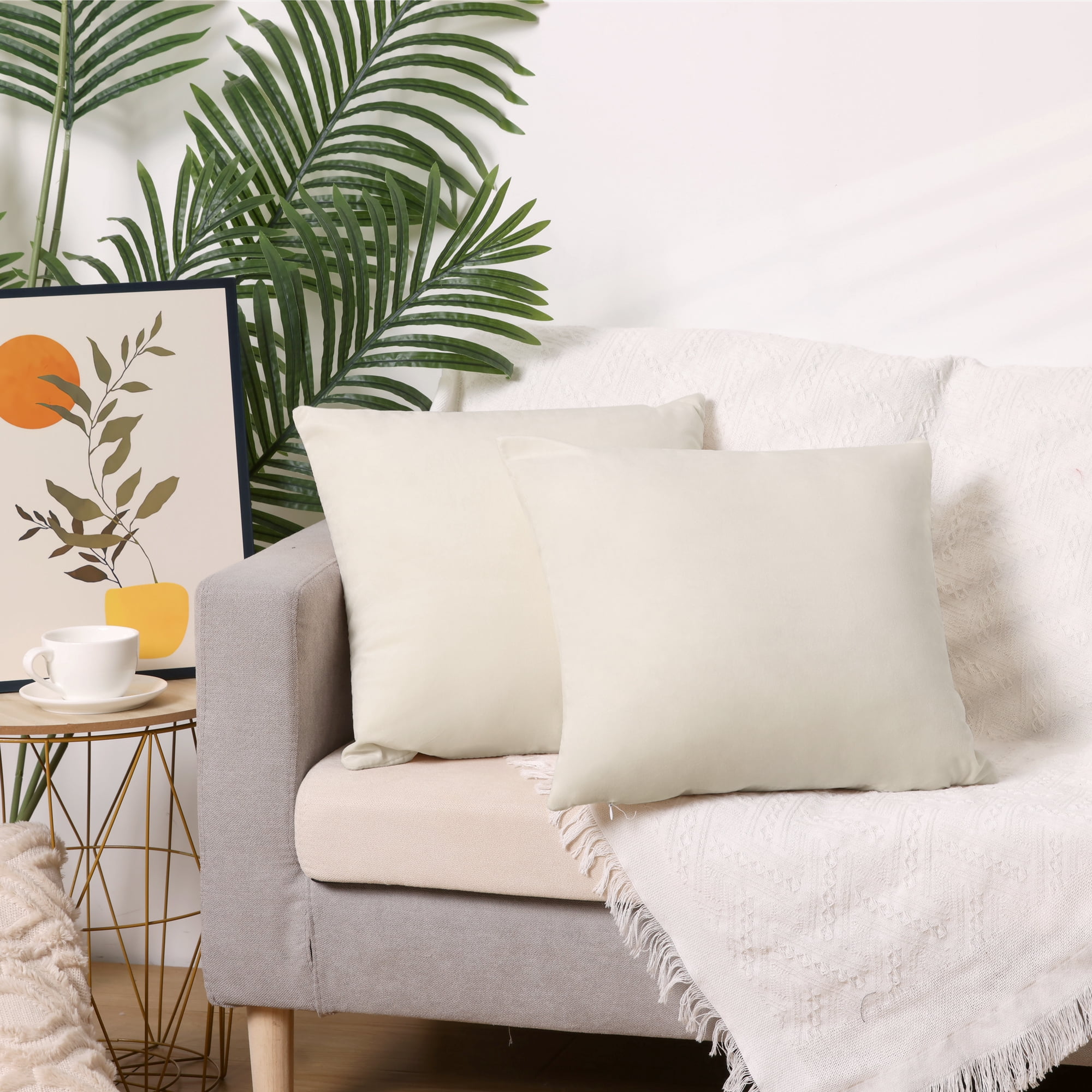 Unique Bargains Velvet Modern Zipper Cushion Decorative Throw Pillow Covers (2 Count) Beige 18" x 18"