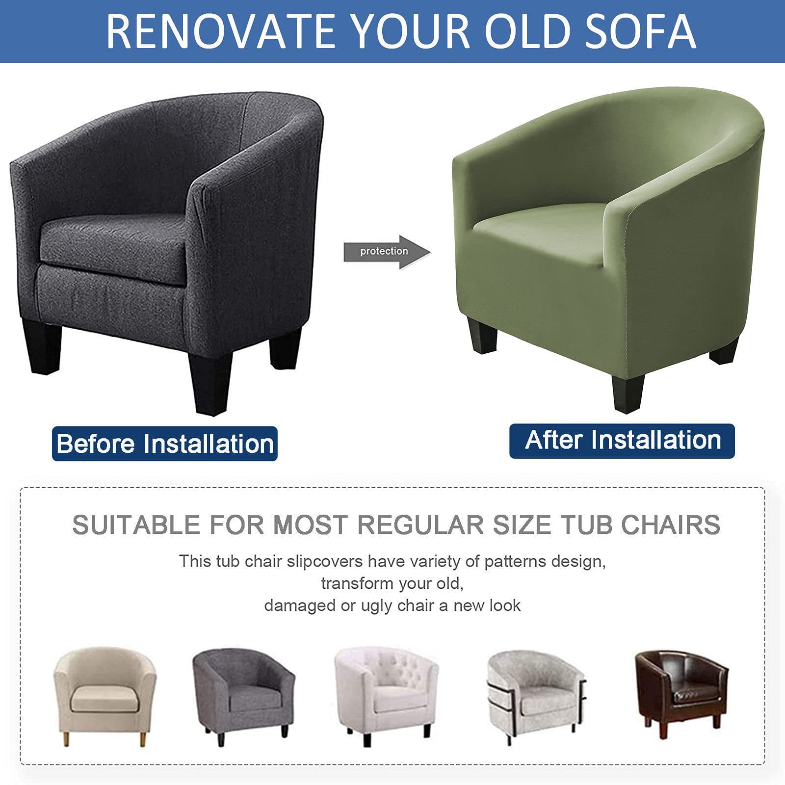 Stretch Club Chair Slipcover, Spandex Tub Chair Cover Non Slip Elastic Club Chair Cover Armchair Chair Slipcovers Sofa Cover Removable Washable for Kids Living Room-Grey Blue-Club Chair