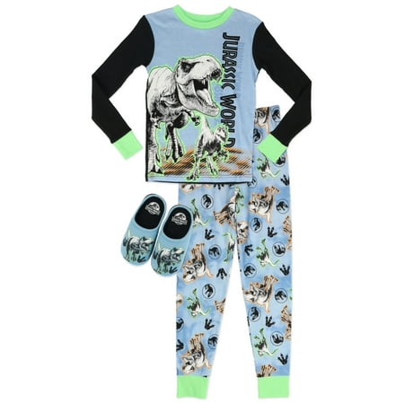 Jurassic World Boy s Pajama Set  2-Piece Cotton PJ Set with Bonus Slippers  Light Blue  Little Kid Size