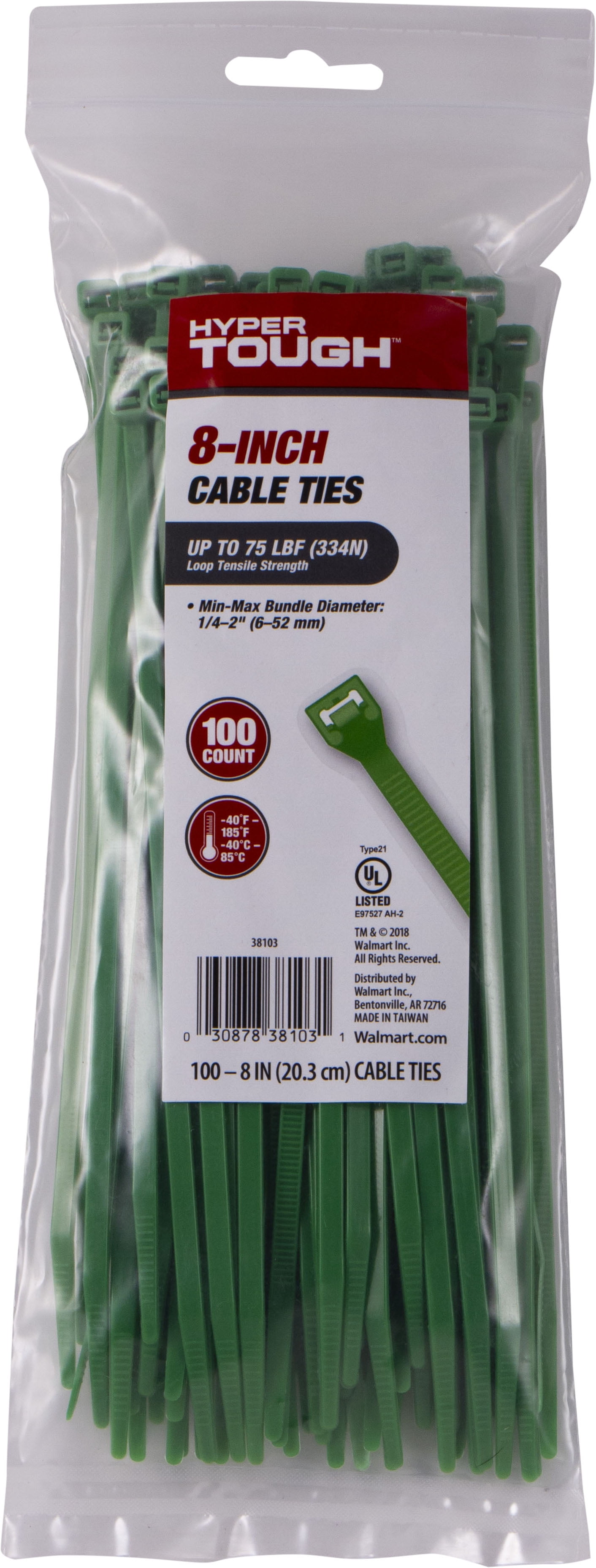 Hyper Tough 8in. Green Zip Ties 100 Pack, 75lb. Tensile Strength, Nylon Mount Cable Ties, Resealable Bag, 38103