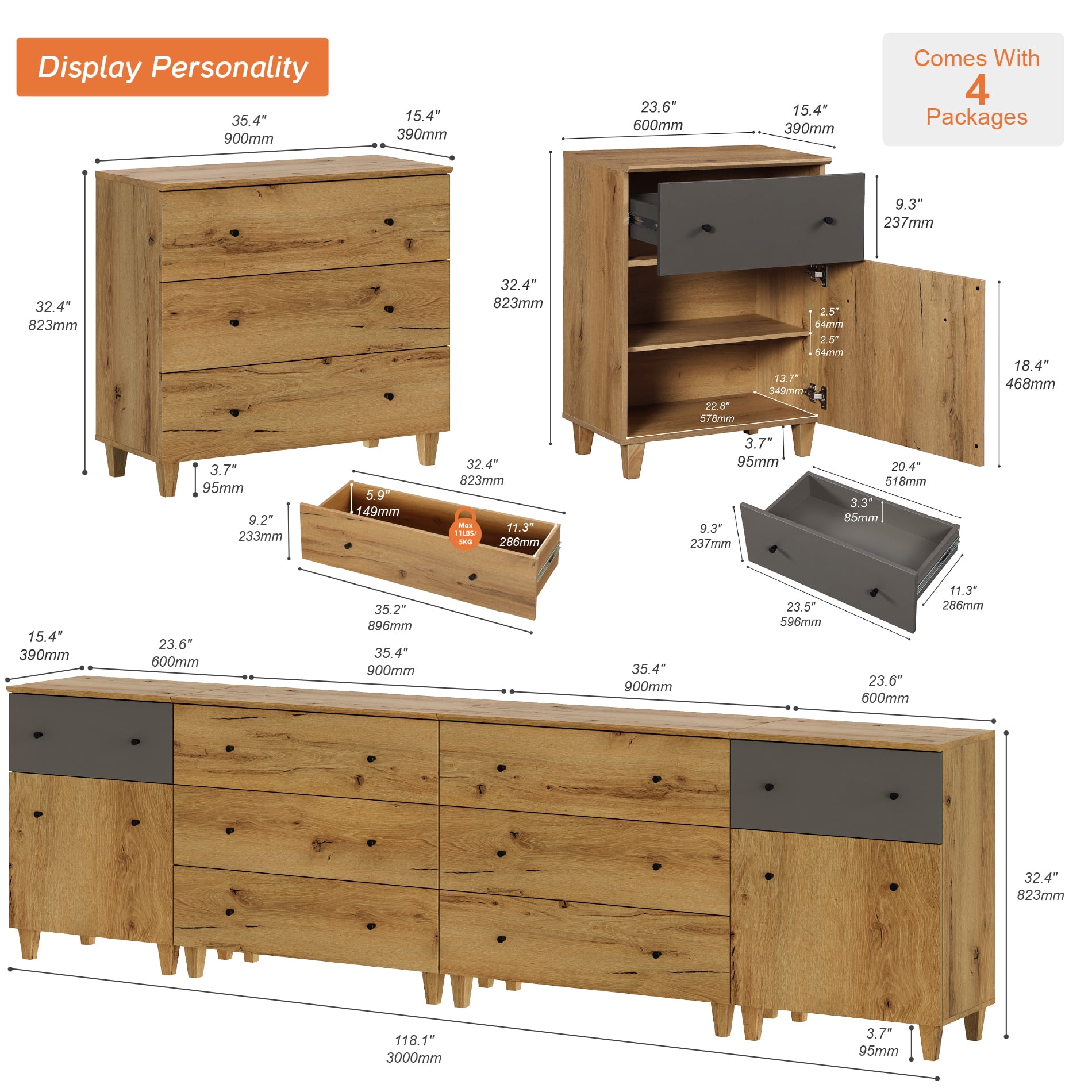 WAMPAT Wood Dresser with 8 Drawers and 2 Cabinets for Bedroom, Modern Chest of Drawer, 118" Wide, Oak Brown Wood Finish