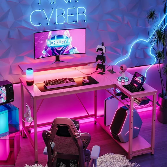 Bestier Pink Computer Desk with Power Outlets, 42 LED Small Gaming Corner Desk with Reversible Storage Shelves, L Shaped Desk with Headset Hooks Studying and Workstation Desk for Office and Bedroom